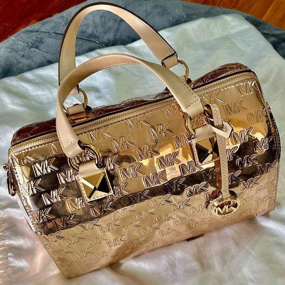 NWT Michael Michael Kors Grayson Logo Embossed Medium Satchel Bag ROSE Gold - Picture 1 of 12